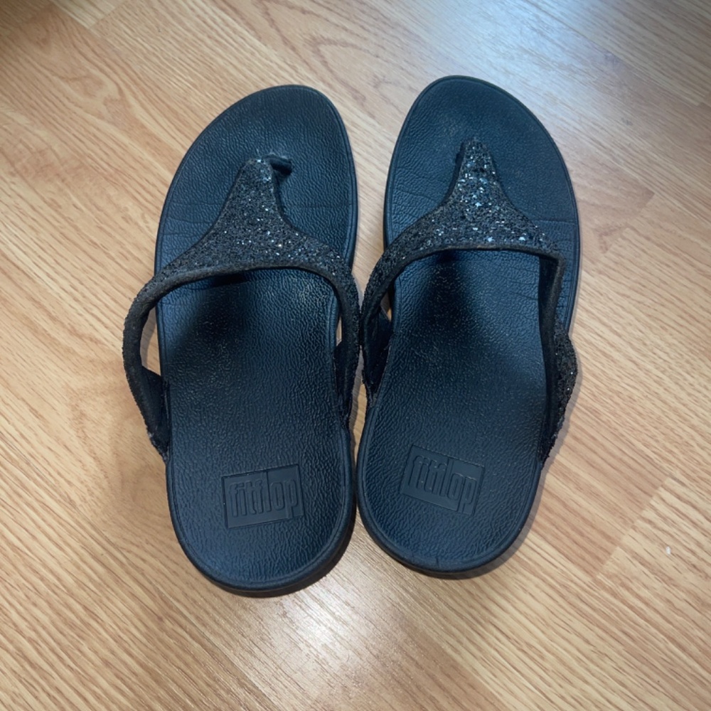 Fitflop Lulu Toe Post Thong Black Sparkly / Glittery Wedge / Ergo Arch Sandals - Picture 5 of 9